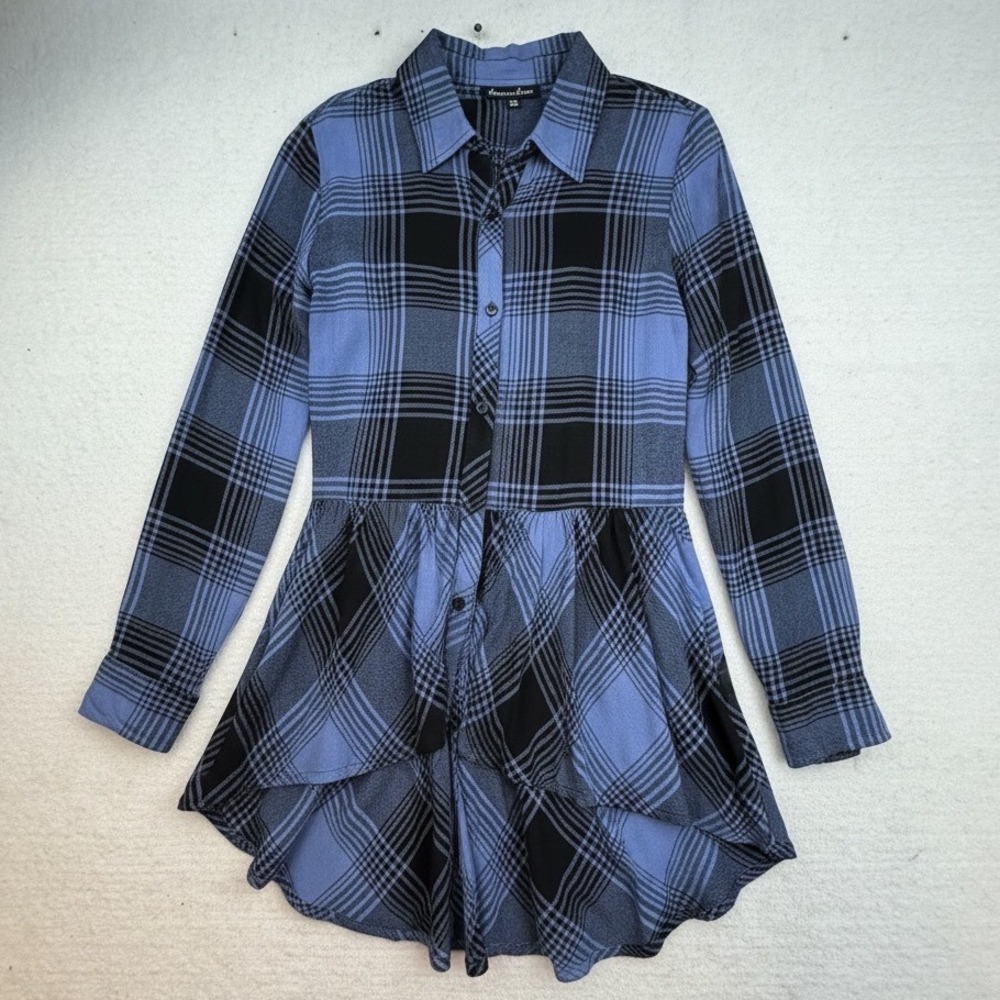 alison andrews blue black plaid shirt dress peplum XS whimsy goth academia‎